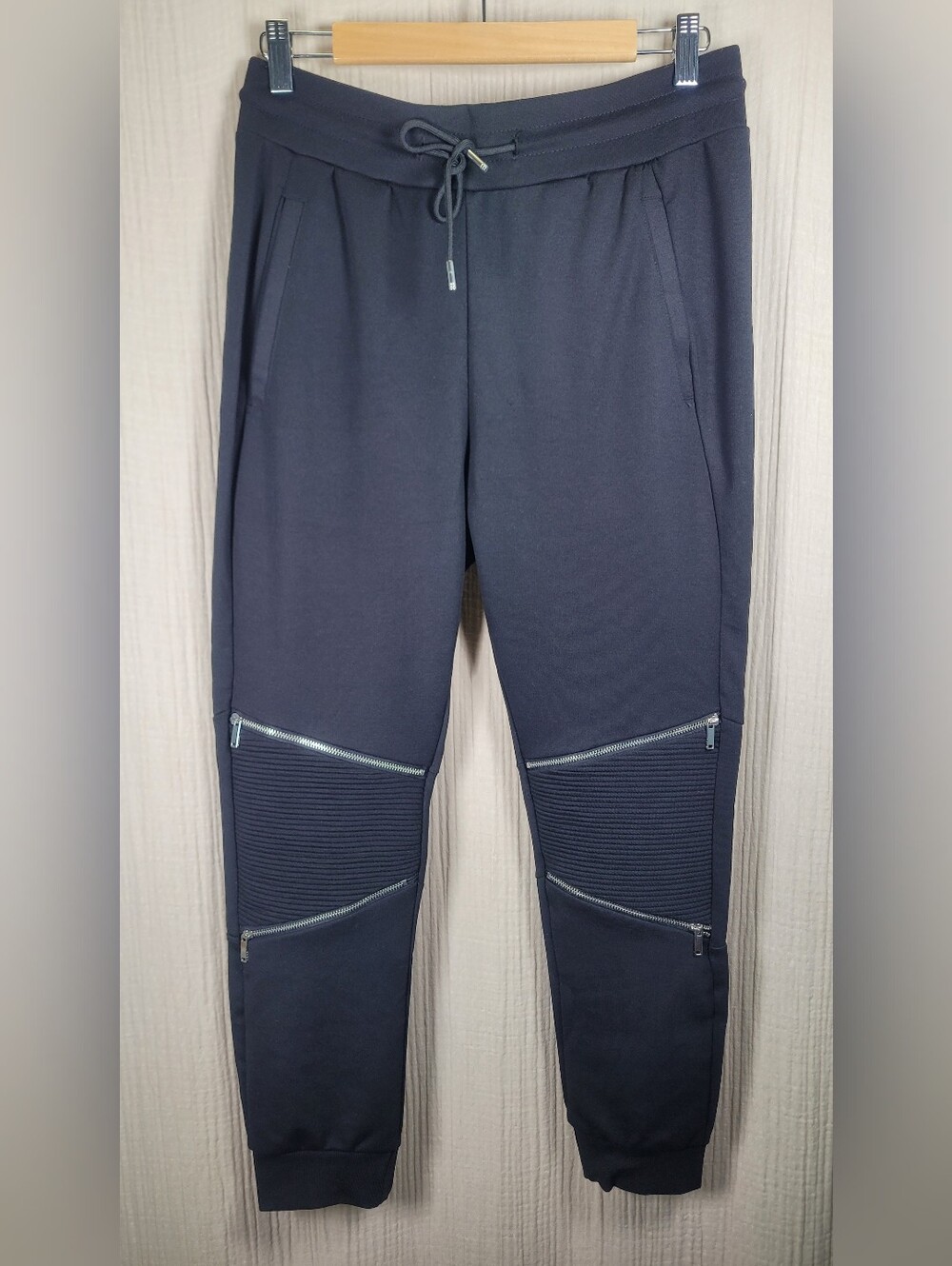 Zara Black Track Joggers with Ribbed Knee Panels & Zippers Skinny Motto
